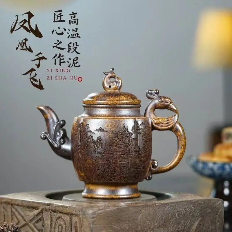 Old Chinese Handicraft Enameled YiXing Zisha (red stoneware) Teapot,auspicious bird teapot,with mark, Free shipping