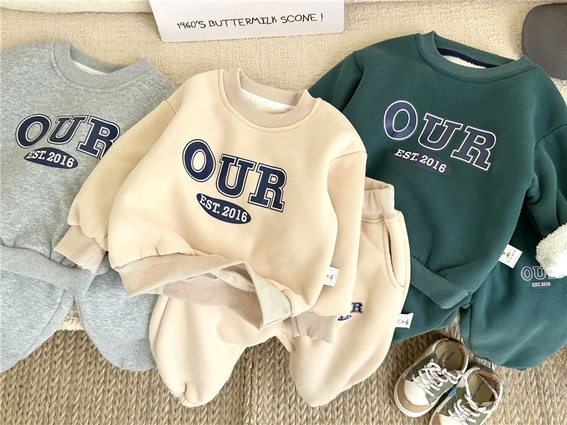 Kinder Fleece-Gefütterte Sets Herbst Jungen Mädchen Dicke Warme Anzüge Baby Sweatshirts+Jogginghosen 2-teilig Winter Kinderkleidung Outfits 2-8 Jahre – Detail 5