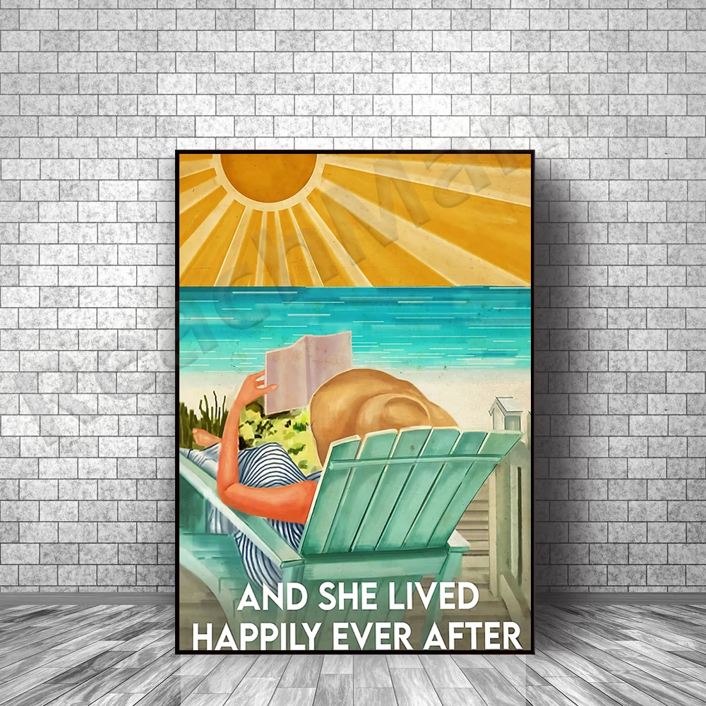 Love reading poster, girl with book, the sun shines, live happily ever after, summer, sea, sunbathing poster home decor