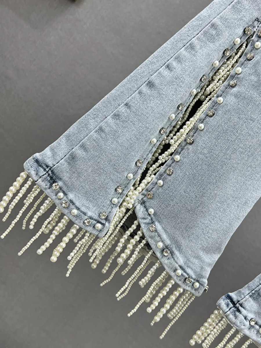 Tasseled Beads Rhinestones Jeans Women Tide 2023 New Spring Summer Trousers High Waist Cotton Elastic Slim Fit Denim Flare Pants