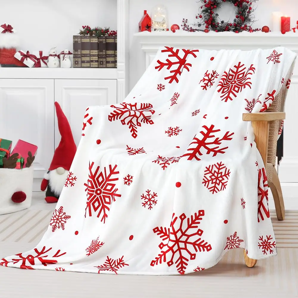 Christmas Throw Blanket Red Snowflake Blanket Super Soft Flannel Fleece Blankets Winter Plush Fuzzy Warm Bed Blankets Christmas