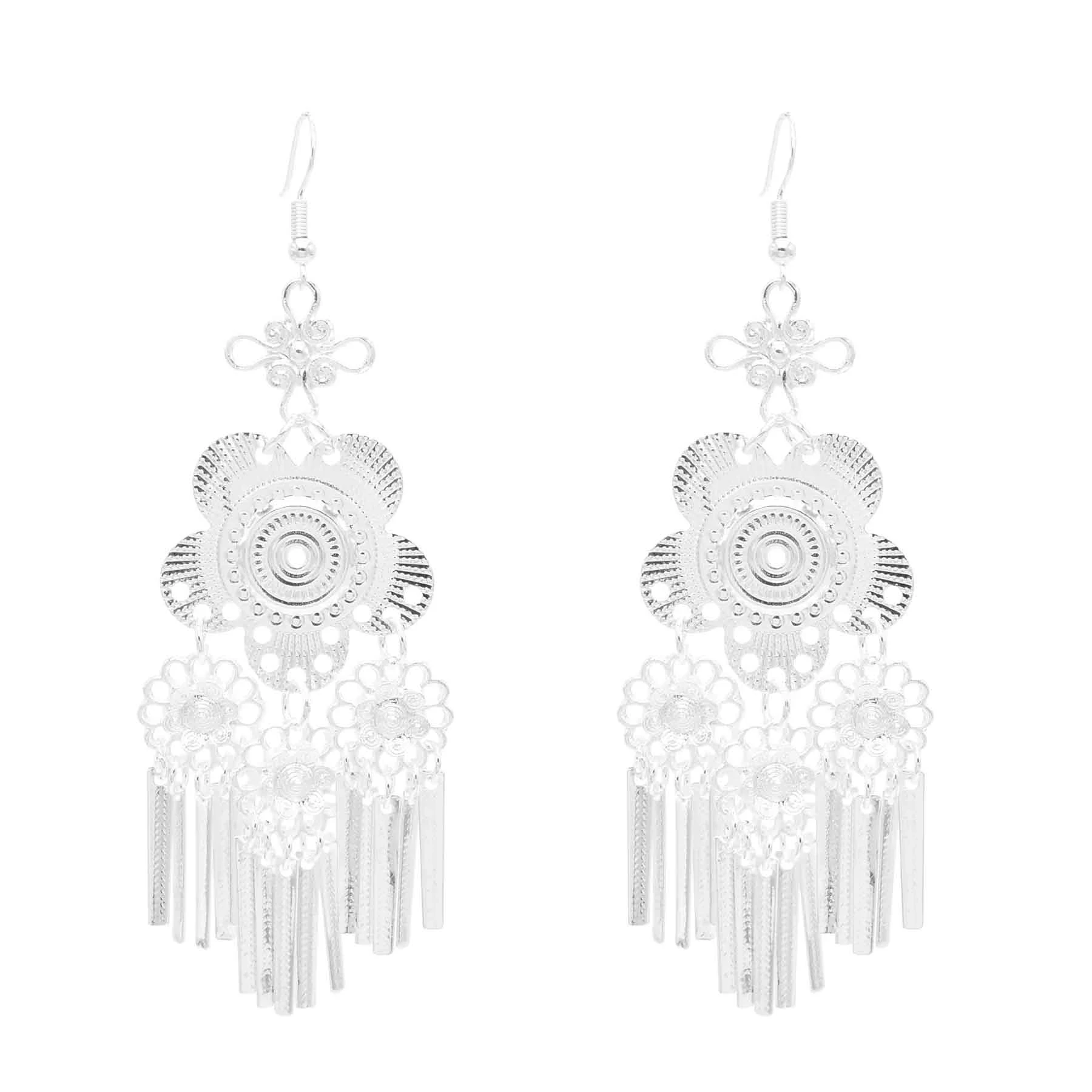 Multiple Styles Silver Plated Hollow Flower Metal Rod Tassel Long Earrings for Women Miao Ethnic Costume Bride Wedding Jewelry