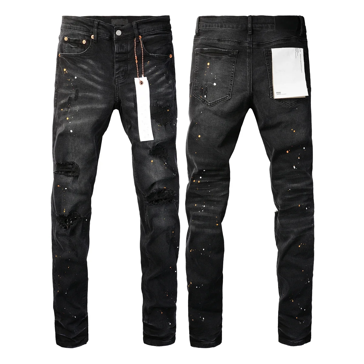 New Fashion High quality Purples Jeans Men High Street Black brands Paint Dot Knife Cut Hole Repair Low Rise Skinny Denim Pants