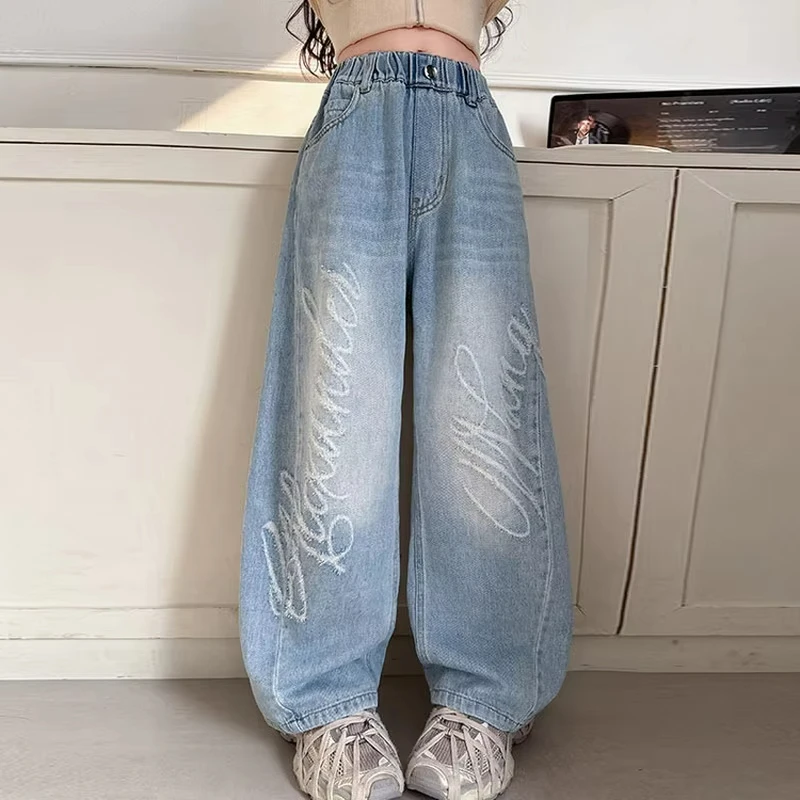 Kids Trousers Children Fashion Street Hip Hop Letter Scratch Jeans Girls Spring Casual Wide Leg Ripped Denim Pants For 5-14Years