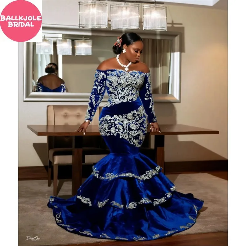 Personalizado azul real sereia vestido de baile manga longa veludo em camadas aso ebi vestido formal africano tradicional vestido de festa de casamento