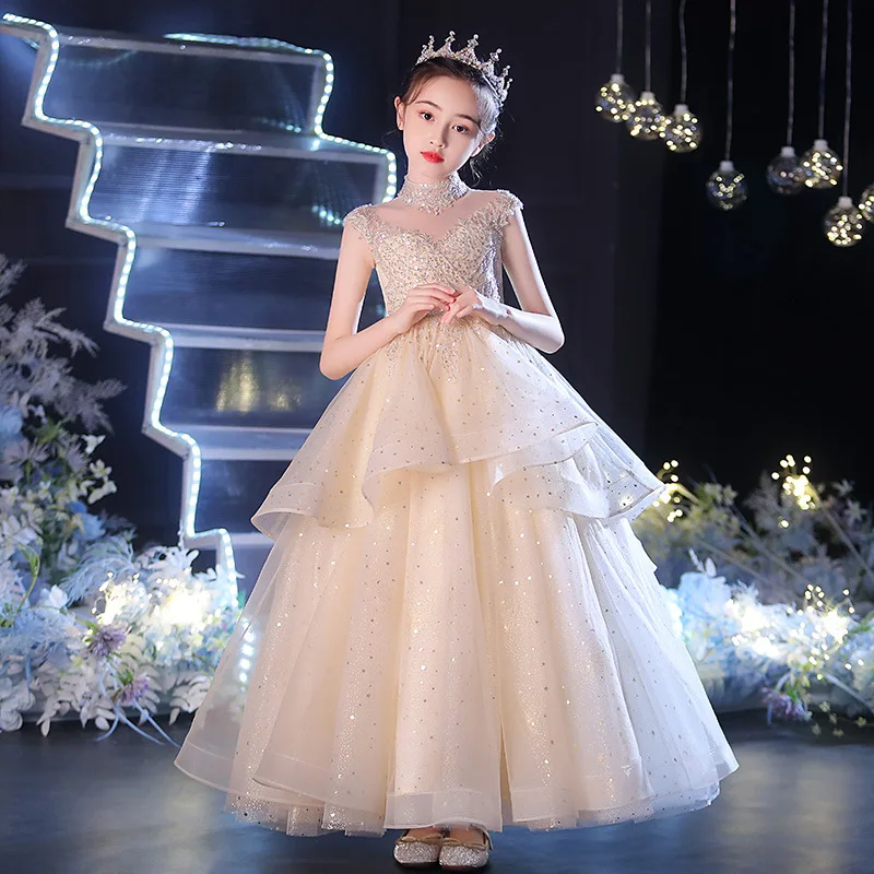 Flower Girl\'s Birthday Princess Dress Elegeant Catwalk Show Evening Mesh Party Ball Gown Children\'s Host Piano Performance Dress