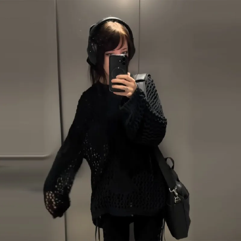 Atasan Rajut Gothic Y2K Berlubang Wanita, Atasan Smock Lengan Panjang Transparan, Sweater Jaring, Rajutan Longgar, Atasan Chic Terbaru 2025
