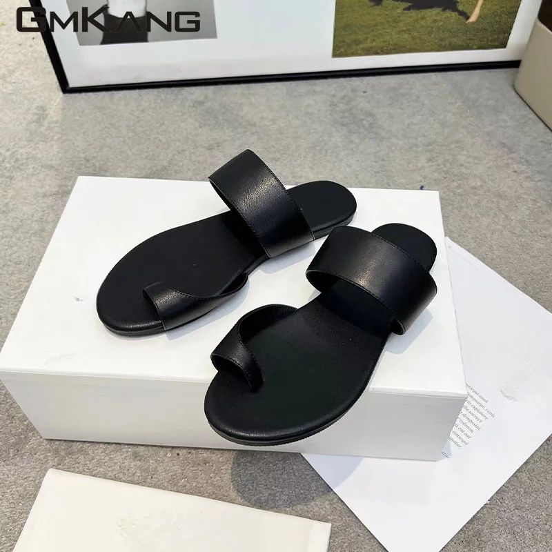 

Summer women's real belt holiday rope shoes women's casual flat sandals black and white sandals women