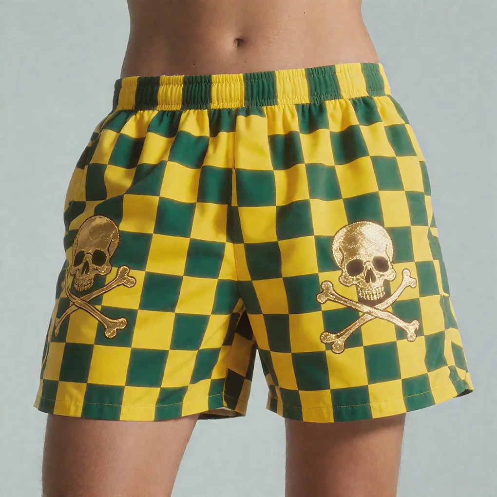 

3D Printed Men's Hawaiian Beach Shorts Plaid Pattern Skull Shorts Quick Dry Outdoor Casual Fashion Men's Shorts Ropa De Hombre