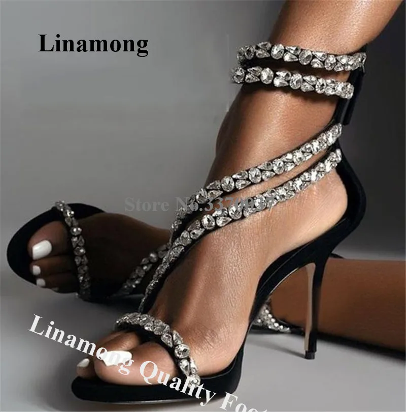 

Bling Bling Crystals Sandals Linamong Rhinestones Beaded Straps Satin Stiletto Heel Gladiator Sandals Wedding High Heels