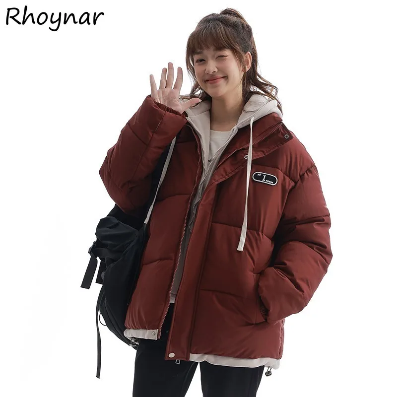 Women Parkas Fake Two Piece Hooded Couple Thickening Warm Casual Daily Students Solid Winter Baggy Cotton Contrast Color Trendy