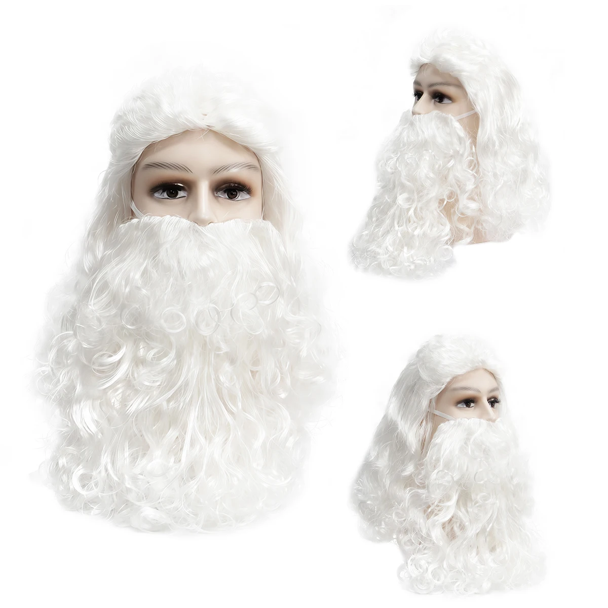 White Long Curly Hair Long Large White Beard Set Chemical Fiber Synthetic Wig | Holiday Party Figure Santa Claus Cosplay Wig