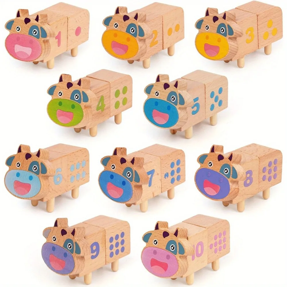 Montessori Toddler Wooden Counting Cow Toy - Color Sorting, Number Matching and Stacking Game - Early Learning Educational Toy