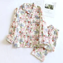 Pyjama imprimé floral pour femme, col polo, manches longues, ameublement de maison, 2024 coton, printemps et automne, nouveau, 2 pièces, 100%