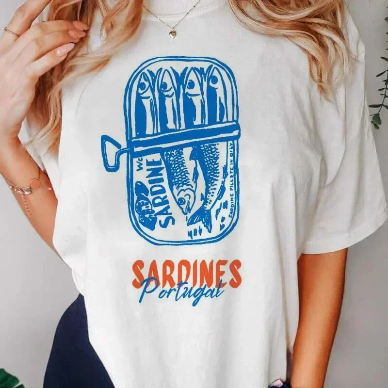 

Retro Pattern Sardines Fish Printed Cotton Tee Blouse Street Women's Summer Travel Vacation T-Shirt Men O Neck Shorts Sleeve Top