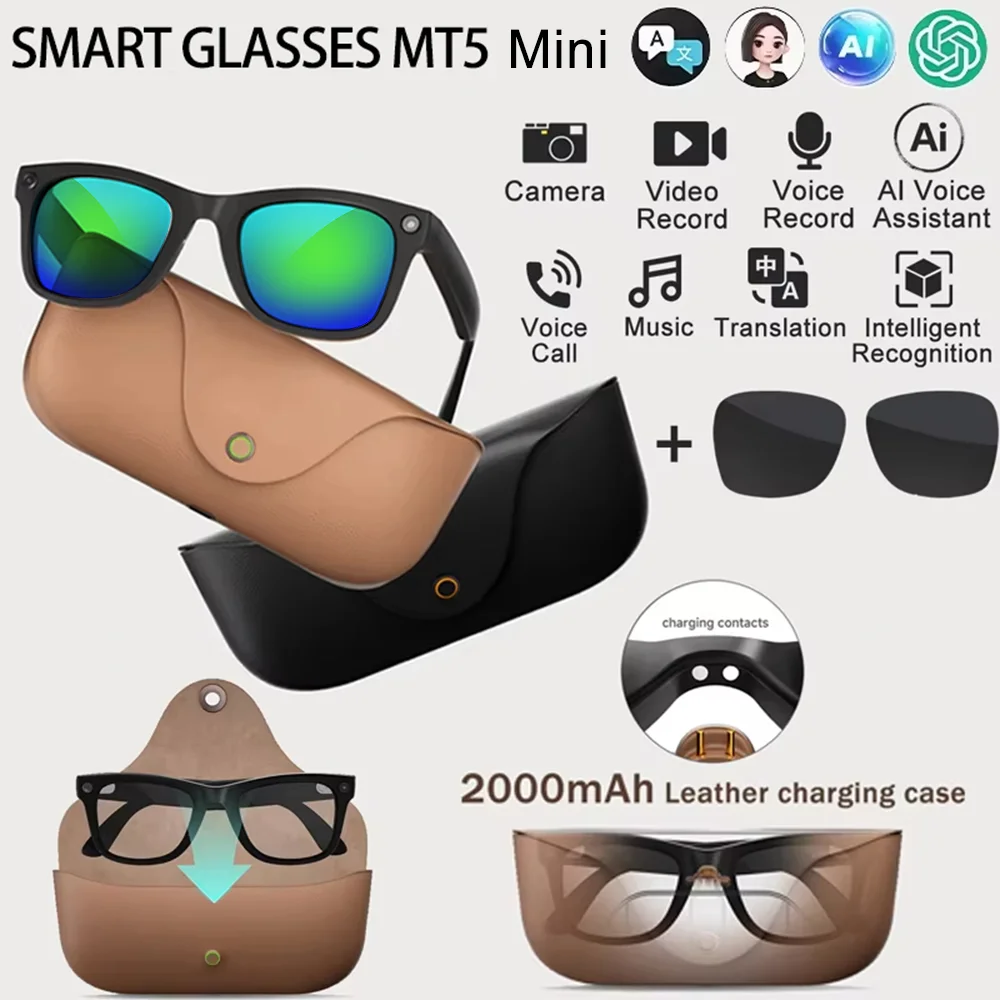 AI Smart Glasses 8MP Camera Take Photo Live Charging Case ChatGPT Translations Stabilized POV Recording Audio Music Sunglasses