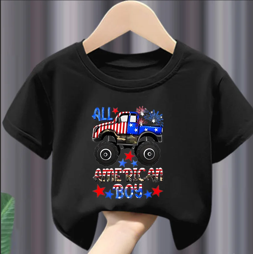 Boy All American Boy Letter Print and American Flag Style Truck Pattern Print Comfortable Casual Round Neck T-shirt Modal Fabric