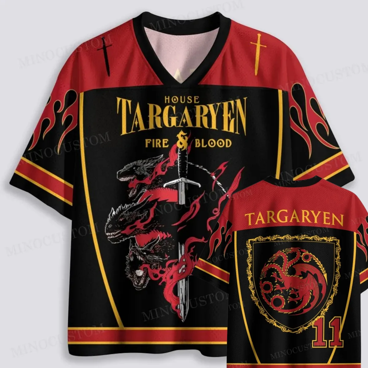 

Game of Thrones House Targaryen Fire Blood Hockey Jersey Black Casual Streetwear Short Sleeve Unisex Top Fans family Matching