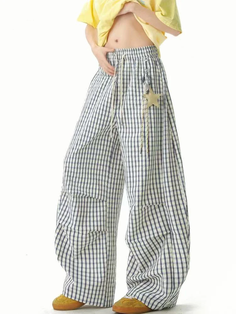 

Star Ornaments Plaid Casual Pants Women Summer High Waist Streetwear Loose Wide Leg Pants Bf Fashion Baggy Jogging Trousers