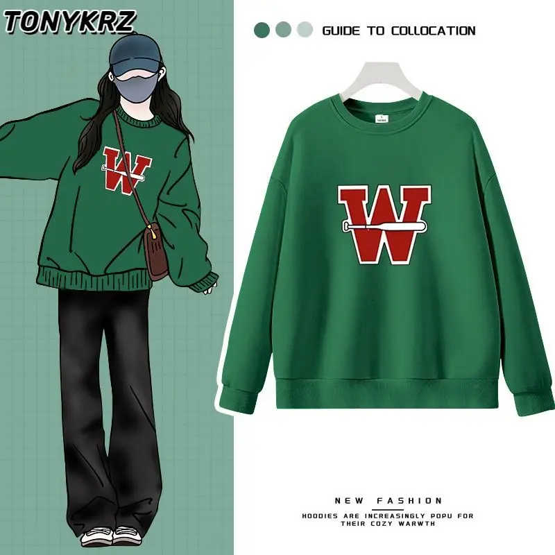 سويت شيرت فضفاض بقلنسوة برقبة دائرية للنساء، سترة علوية جديدة