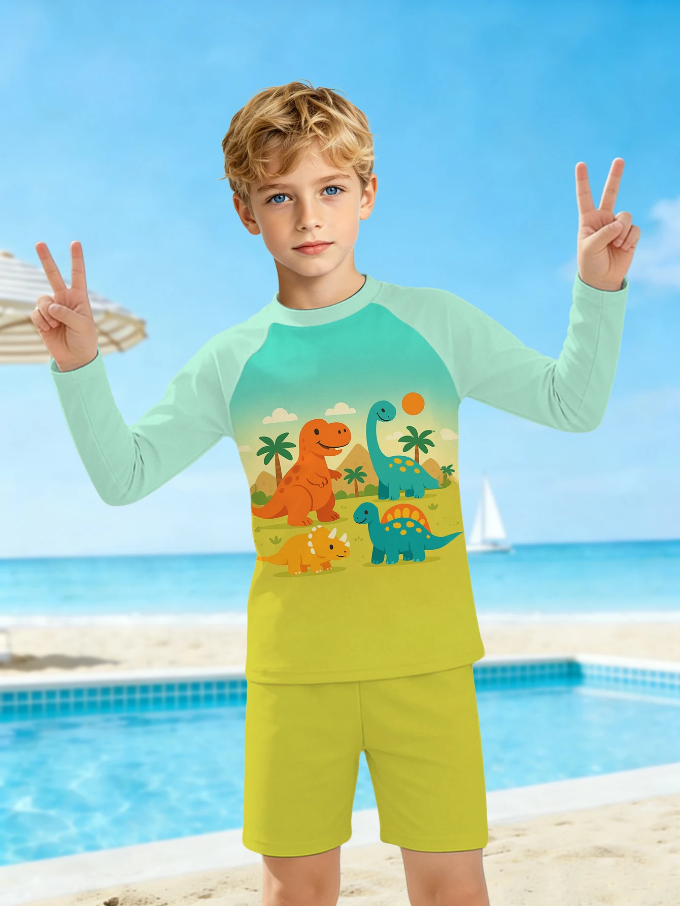 Boys' Summer Dinosaur Fashion Two piece Long sleeved Swimsuit