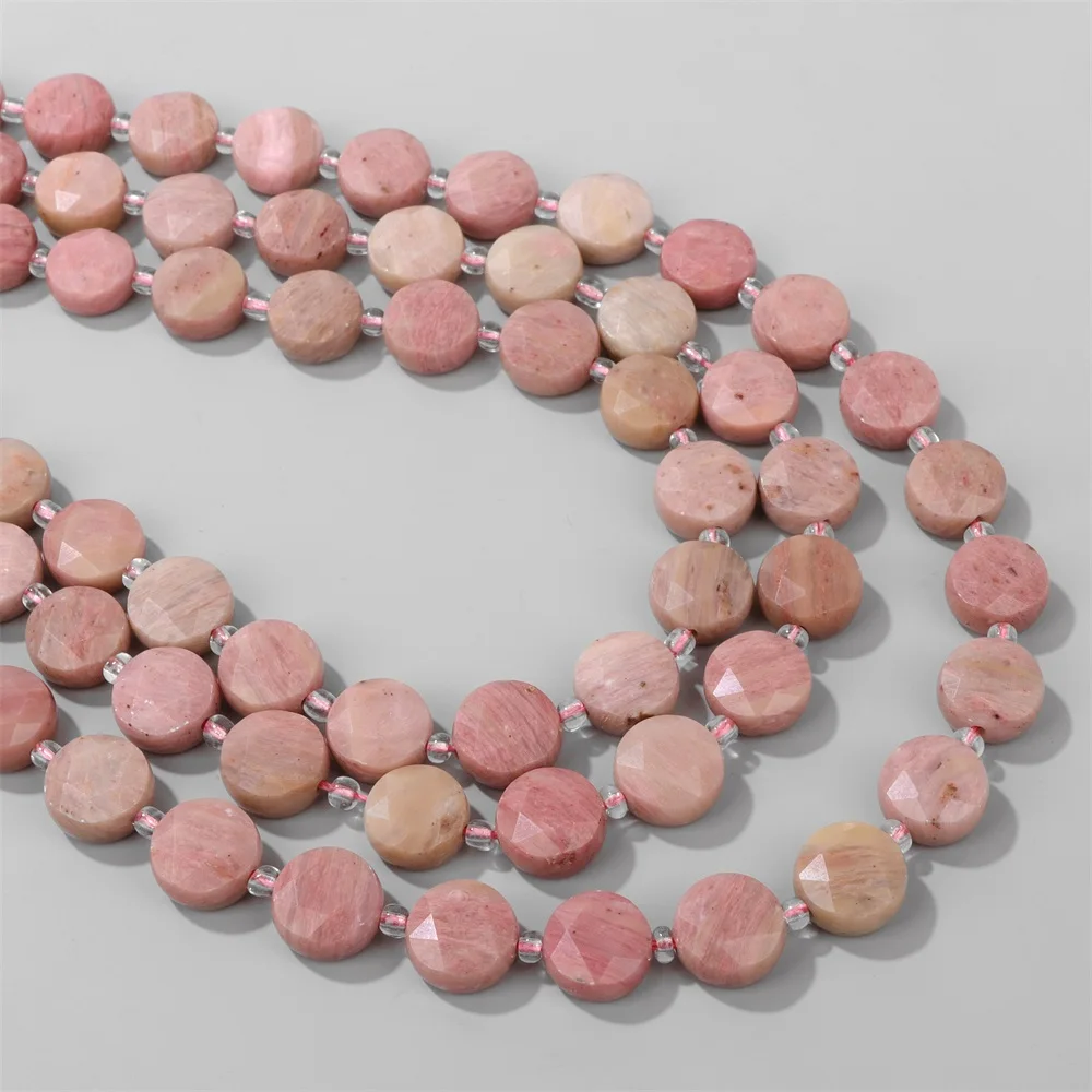 Natural Faceted Flat Round Stone Bead Pink Rhdochrosite Loose Spacer Coin Shape Beads For Fashion Jewelry Making DIY Accessories