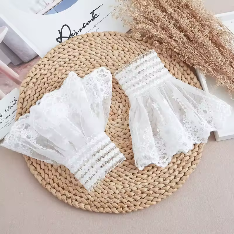 1Pair Detachable Cuffs Lace Flower Mesh Fake Flared Sleeves Double Layer Pleated Ruched False Cuffs Sweater Blouse Wrist Warmers - Image 4