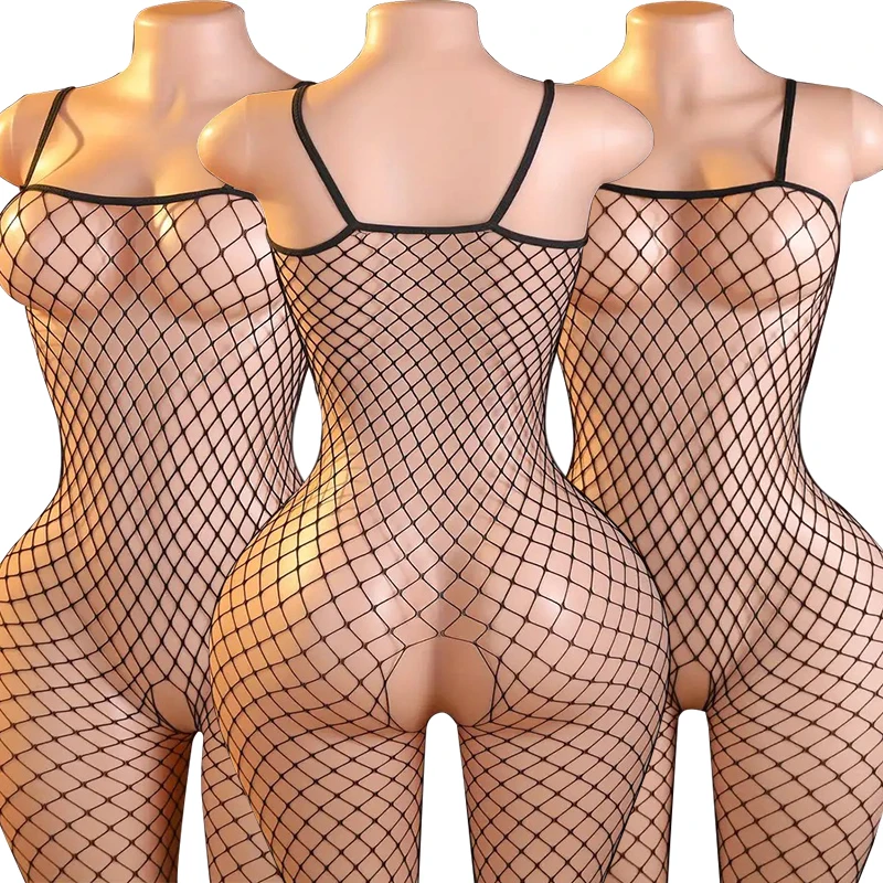 Tight Crotchless Bodystocking Erotic Lingerie Women Elasticity Fishnet Hollow Pantyhose Sleeveless Mesh Transparent Long Tights