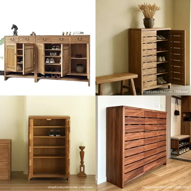 Retro Elm Wood Shoe Cabinet Entryway Storage Bench Living Room Organizer Compact Footwear Locker for Home Hallway Decor