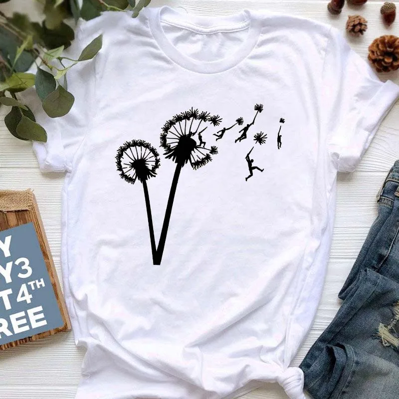 

New Summer Dandelion Butterfly Print Women Tshirt Casual White and Black T-shirt Funny T Shirt Gift for Lady Young Girl Tops