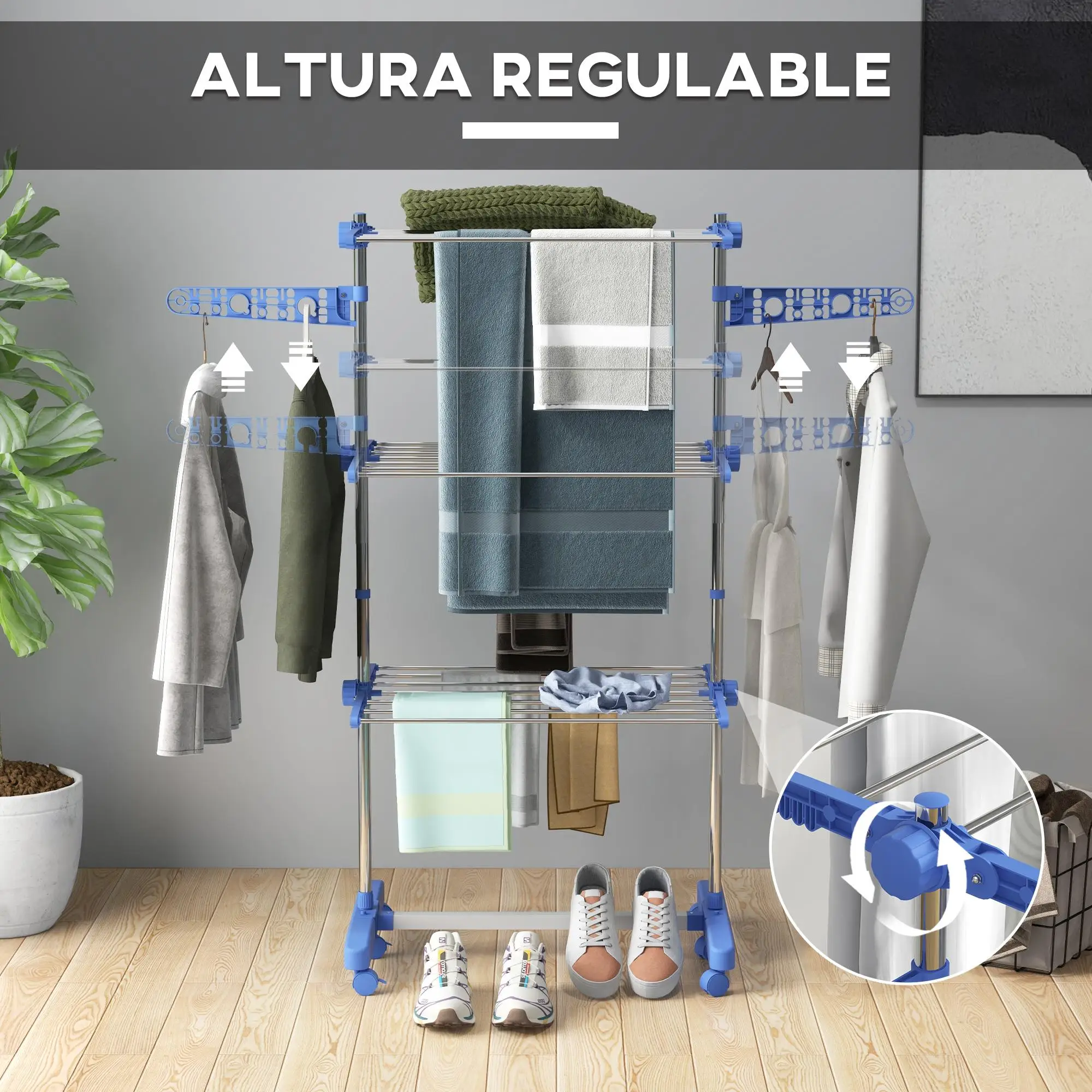 Support à linge pliable à 3 niveaux avec 6 roulettes, en acier inoxydable, 152x142x55cm, bleu argenté