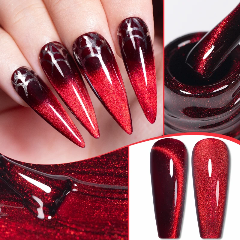 PUENTE 7.5ML Wine Red Magnetic Cat Eye Gel Nail Polish With Magnet, Super Shiny Ruby Red Magnetic Nail Gel, Soak Off UV/LED Lamp Curing, Glossy Varnish, Hypoallergenic Nail Salon Quality Polish for Skin, Gift for Women gallery 2