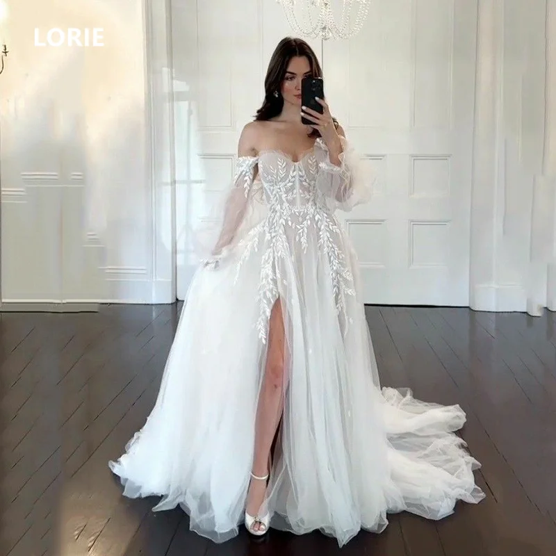 

LORIE A-line Lace Off Shoulder Wedding Dresses Applique Puff Sleeves Bridal Gown Side Split Modest Wedding Gowns Customized 2025