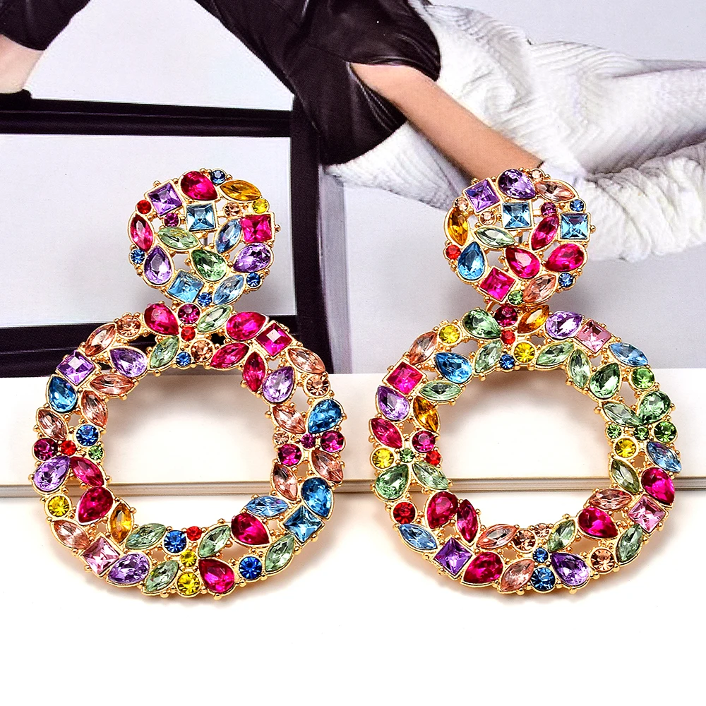 

Bohemian Colorful Rhinestone Dangle Earrings High Quality Round Statement Earrings Women's Charm Jewelry