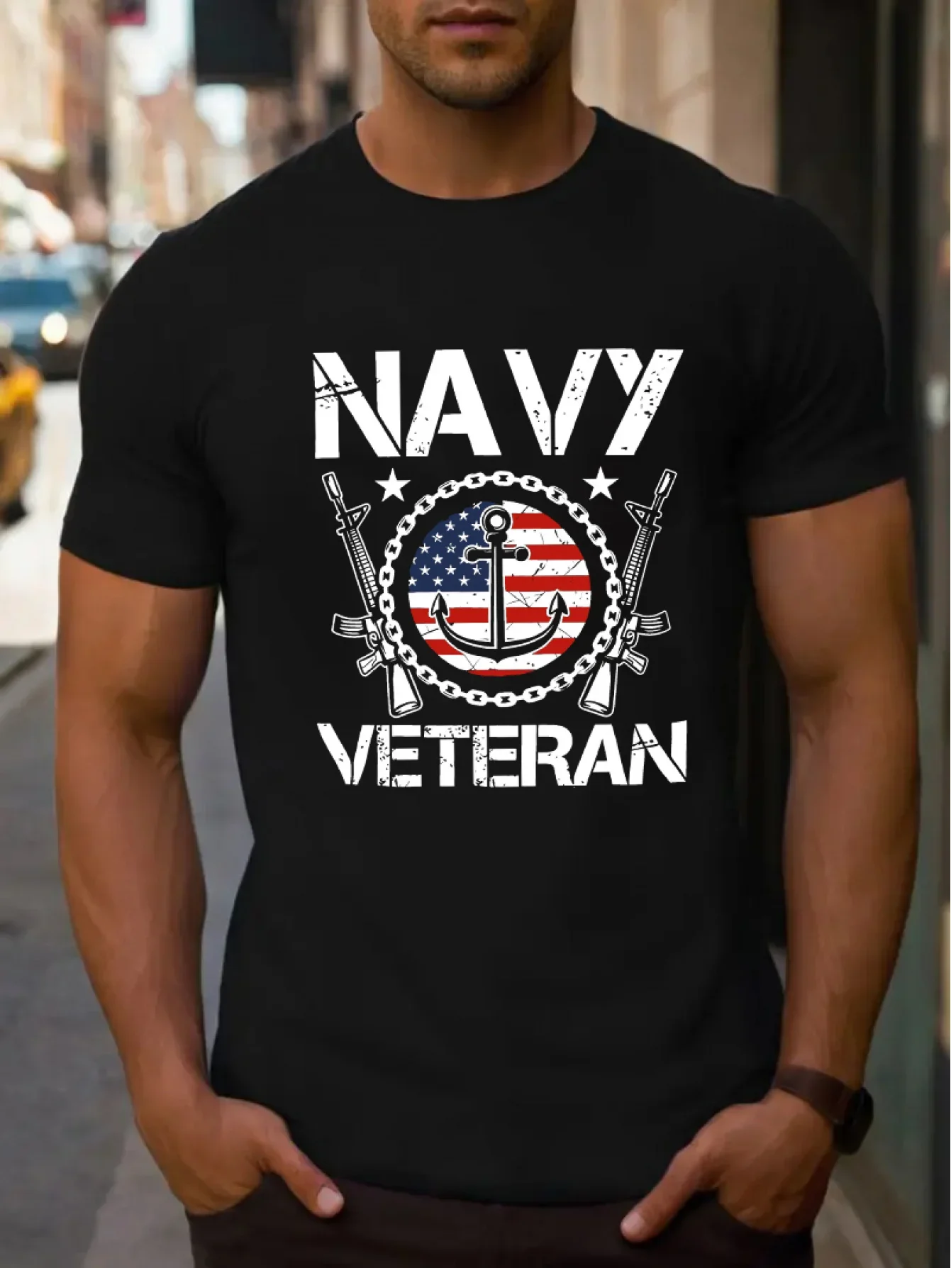 

[Adventure] Men's Navy Veteran T-Shirt - Black Crew Neck, Short Sleeve, 100% Polyester, Machine Washable, with American Flag