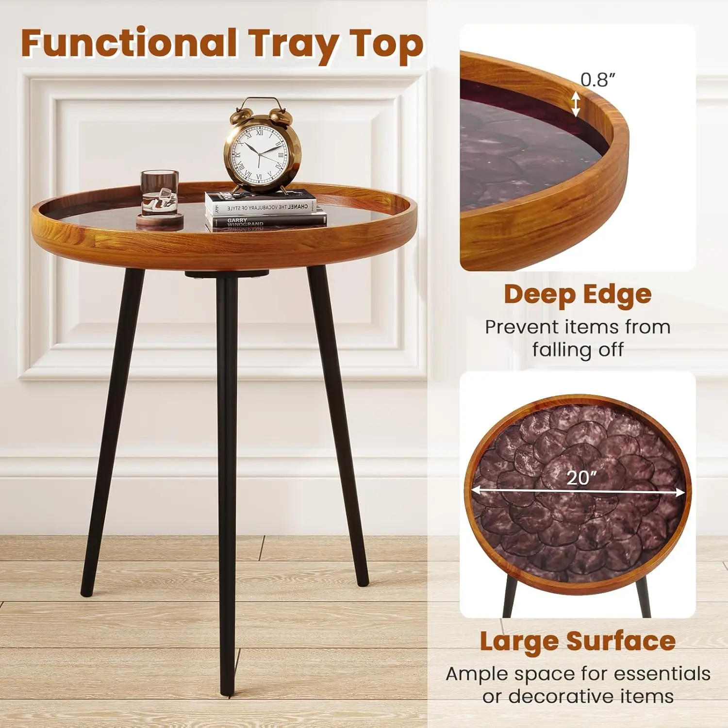 20x20x21.5 Inch   Round Epoxy Resin End   with Sea Shell Tray Top Mahogany Frame Outdoor Patio Furniture for Pool Yard