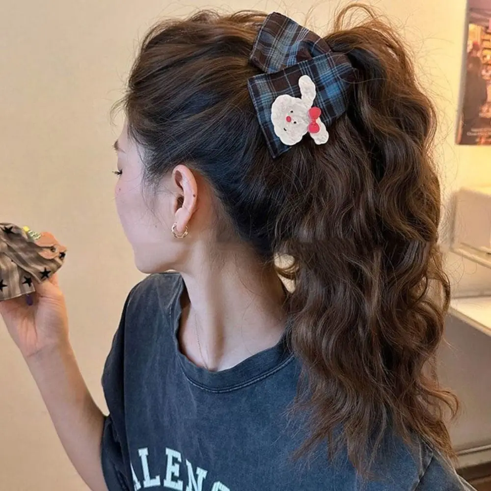 Spinki do włosów w kratę, materiałowe, z kokardką, kreskówkowe, królik/niedźwiedź, koreańskie wsuwki dla dziewczynek.