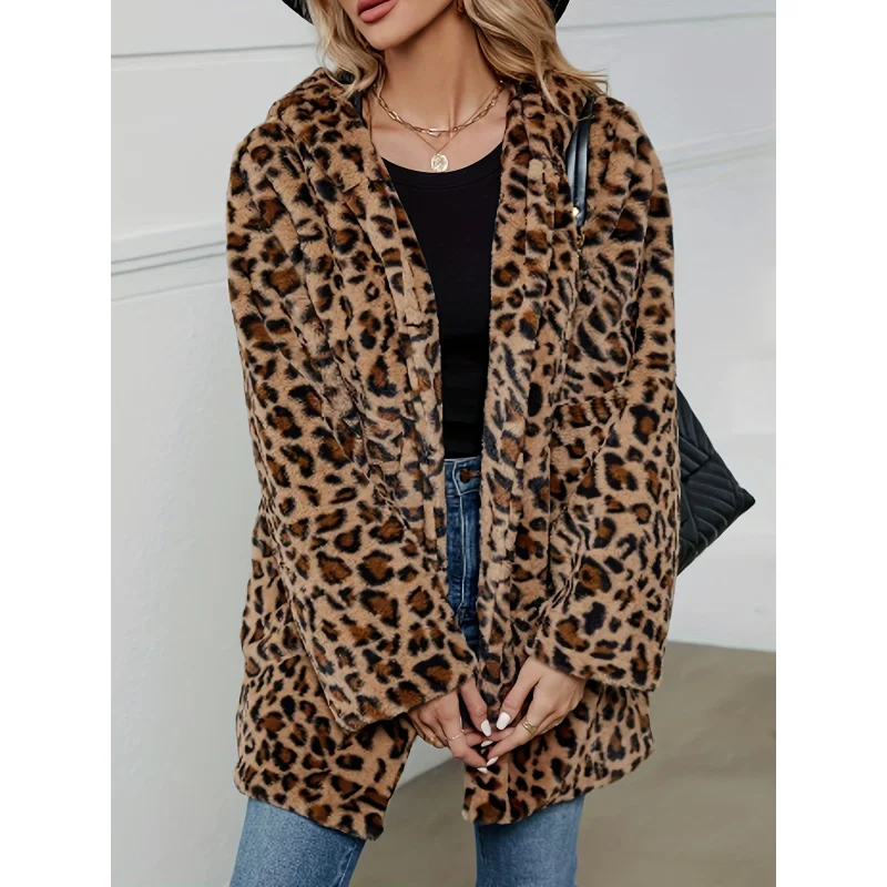 2024Leopard Print Stud for Autumn and Winter Fashion Temperament Imitation Fur with Pockets Loose Woolen Coat