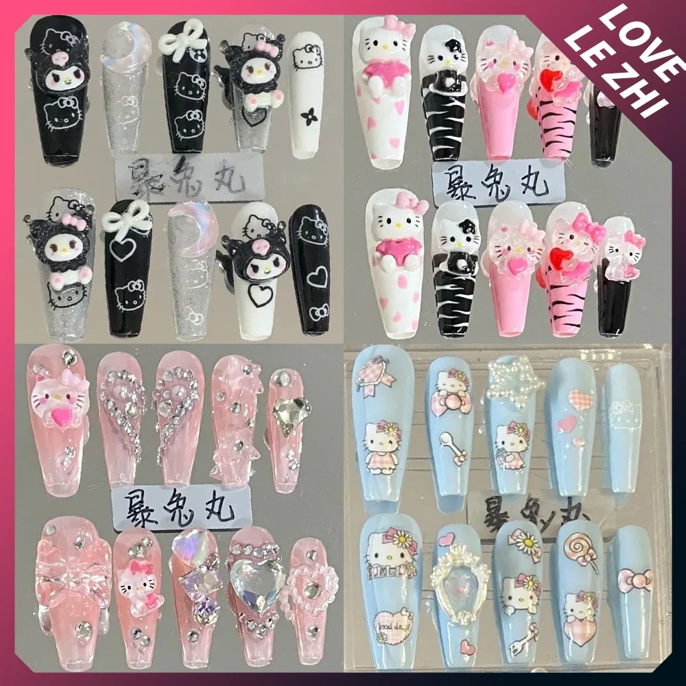 

Spicy Girl Lace Colorful Hello Kitty Handmade Nail Art Long Coffin Stiletto Pearl Butterfly Nails Camellia Removable Nail Patch