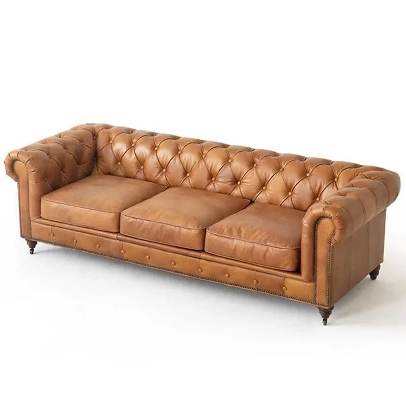 Medieval style full leather sofa first layer cowhide American retro oil wax leather, living room combination pull button sofa