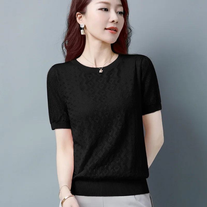 Elegant Fashion Harajuku Slim Fit Female Clothes Loose Casual All Match Knitwear Solid Lace Hollow Out Short Sleeve T-shirts