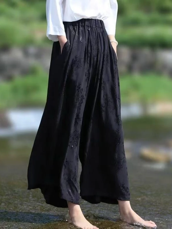 

Новые китайские повседневные брюки с широкими штанинами и вышивкой, свободные брюки с эластичной резинкой на талии для похудения с девятью точками для больших ...