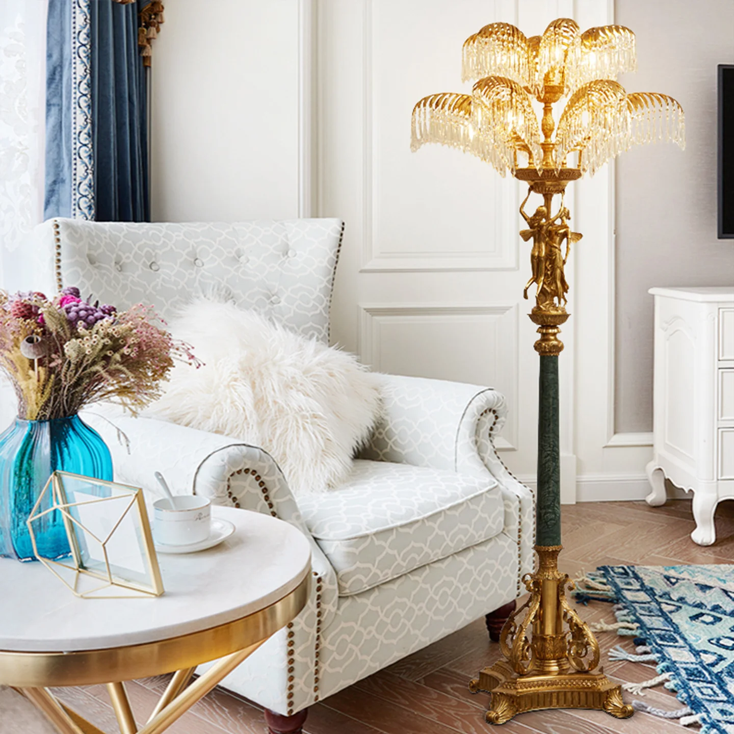 French Classic Design Living Room Corner Bright Brass Floor Lamp Villa Bedroom Study Luxury Crystal Floor Standing Lamps