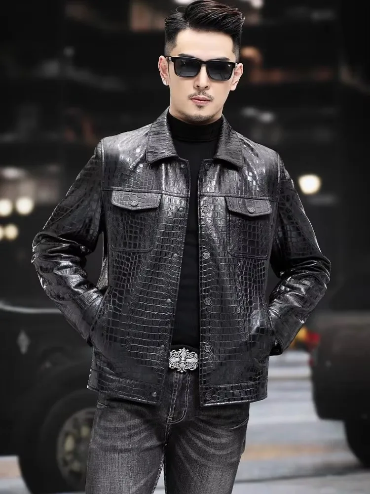 New Luxury Business Casual Mens Sheep Genuine Leather Jacket Turn-Down Collar Slim Fit Vintage Single Breasted Short Coat Male