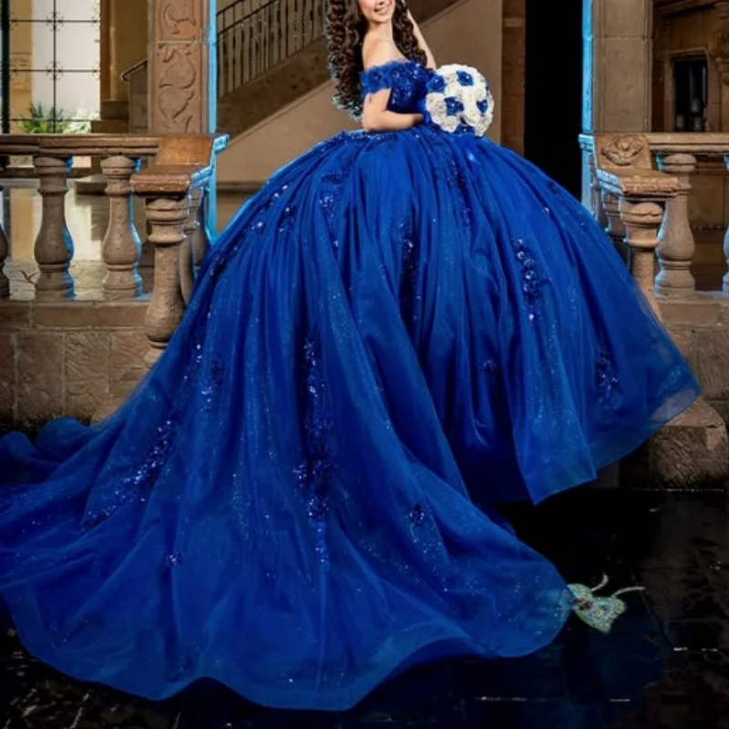 Королевские синие блестящие платья Quinceanera с открытыми плечами, аппликация, кружево, бисер, кристалл, тюль, корсет, вечерние, день рождения, милое платье 16,
