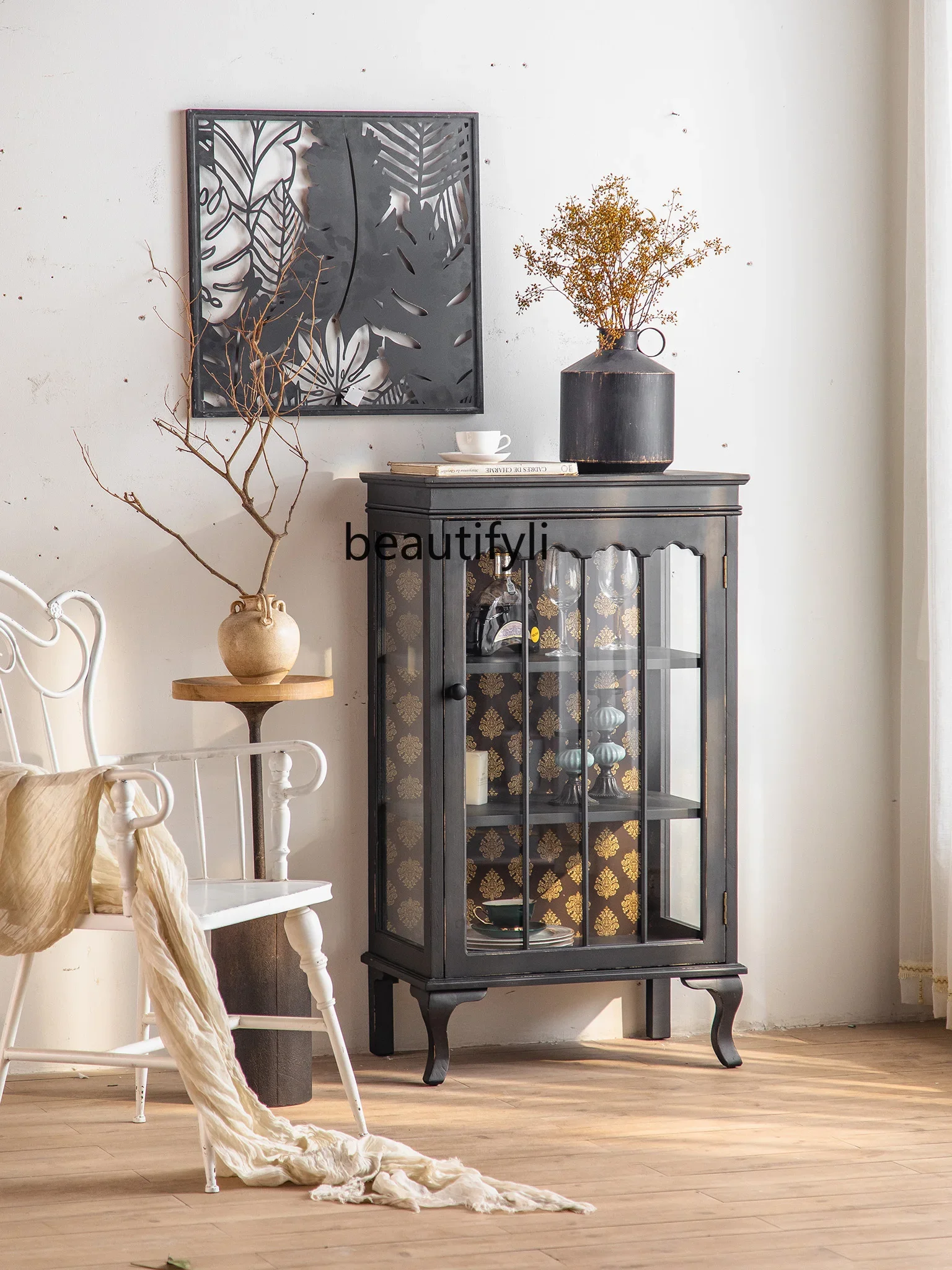 Retro Black Hallway Dining Side Display Cabinet Made of Glass Bedroom Wall Storage Cabinet