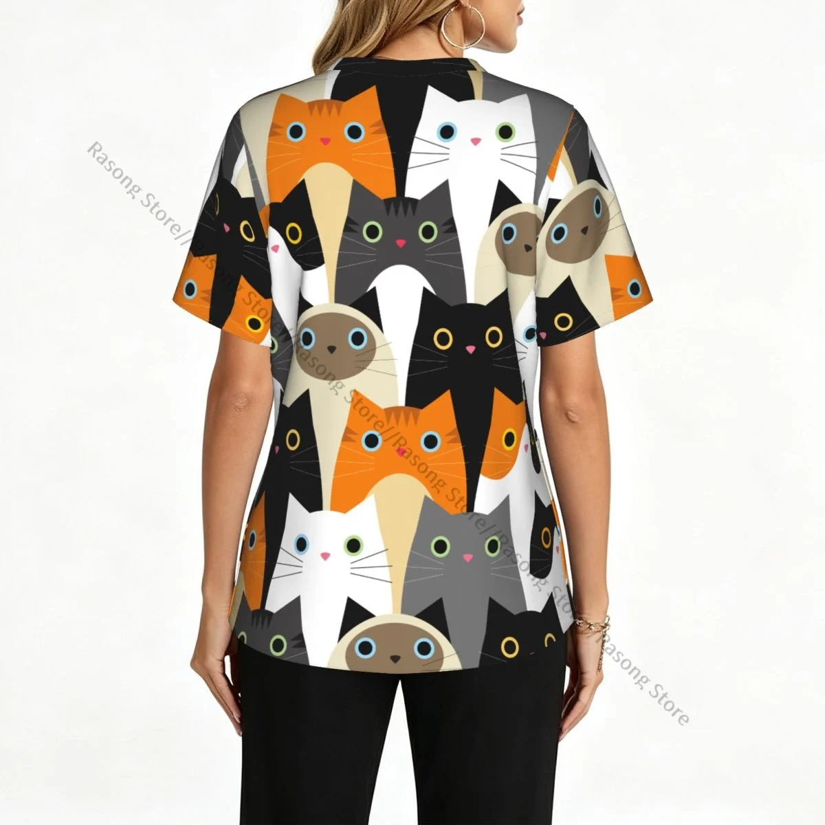 Women's Medical Scrub Top V Neck Short Sleeve Cute Cats Print Stretch Nursing Uniform for Hospital Clinic