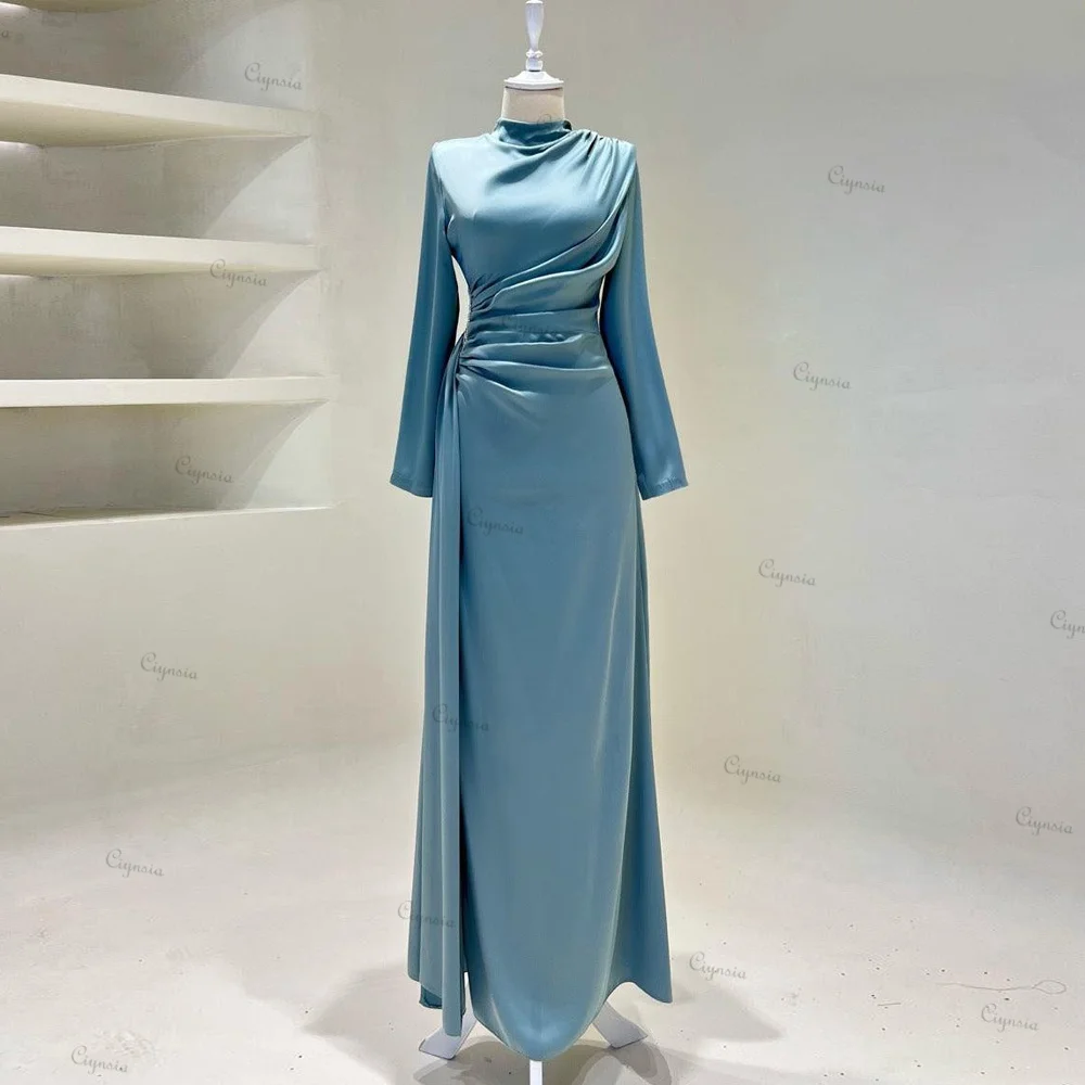 Ciynsia Classic Evening Dresses For Women Muslim O-Neck Full Sleeves Formal Dress Satin Mermaid Floor Length Robes De Soirée