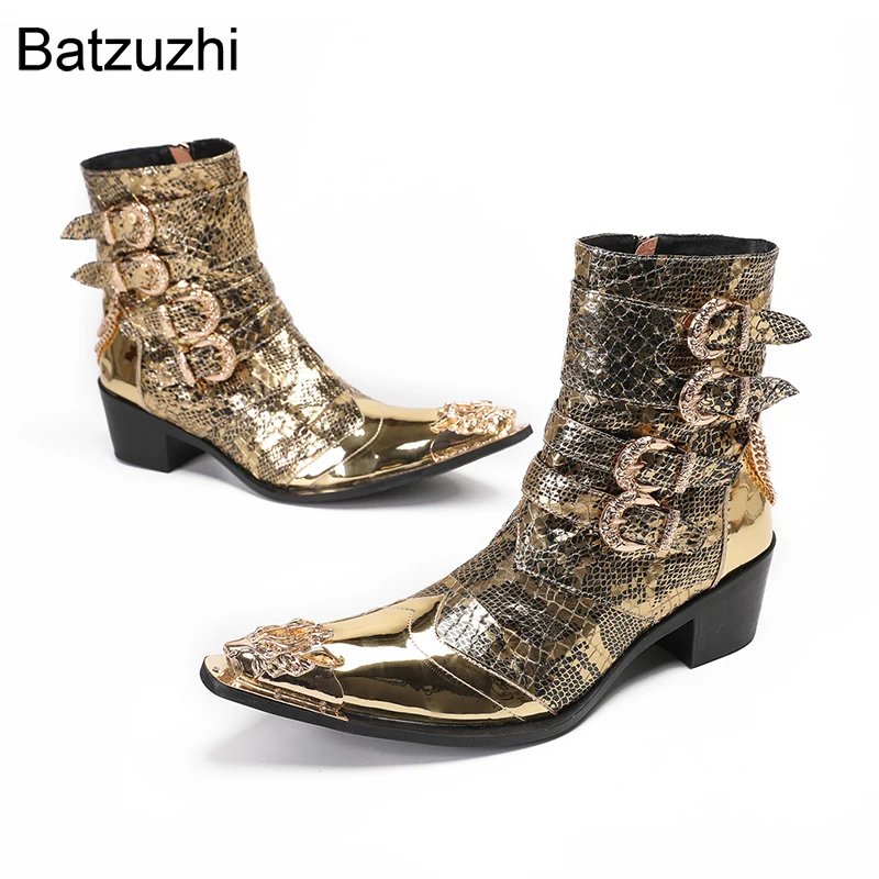 Batzuzhi Gold Fashion Men's Boots Shoes Pointed Iron Toe Genuine Leather Ankle Boots for Men 6.5cm Heels Buckles with Chians!