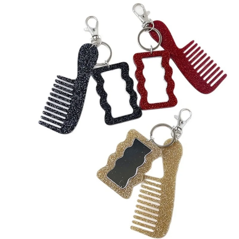 High-end Mini Makeup Mirror Keychain Colorful Shining Simple Comb Mirror Keychain Anti Loss Keychain Pendant Gift